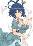  bangs blue_dress blue_eyes blue_hair blush breasts cleavage closed_mouth cowboy_shot dress drill_hair eyebrows_visible_through_hair from_side golgi_hon hair_ornament hair_rings hair_stick highres kaku_seiga large_breasts looking_at_viewer shawl short_sleeves side_drill simple_background smile solo touhou twin_drills white_background 