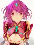  blush bodysuit breasts breasts_outside commentary_request eyebrows_visible_through_hair fingerless_gloves gloves hands_on_own_chest highres homura_(xenoblade_2) large_breasts looking_at_viewer mokomoko_yanakku nipples no_bra parted_lips pink_hair purple_eyes shiny shiny_skin short_hair simple_background solo sweat tiara torn_bodysuit torn_clothes upper_body xenoblade_(series) xenoblade_2 