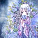  bangs blue_eyes blue_nails bow butterfly_wings commentary_request flower frilled_sleeves frills hair_bow hair_flower hair_ornament heterochromia himemurasaki holding holding_flower hydrangea hydrangea_hair_ornament japanese_clothes long_hair looking_at_viewer nail_polish original purple_eyes smelling_flower solo very_long_hair white_hair wide_sleeves wings 