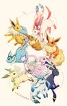 blue_eyes brown_eyes eevee eeveelutions espeon flareon gen_1_pokemon gen_2_pokemon gen_4_pokemon gen_6_pokemon glaceon jolteon kotori_(lycka) leafeon looking_at_another looking_to_the_side no_humans open_mouth pink_background pokemon pokemon_(creature) purple_eyes red_eyes smile sylveon umbreon vaporeon 
