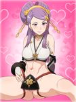  1girl anus bare_legs bare_shoulders blush breasts cleavage covering covering_crotch earrings elbow_gloves fire_emblem fire_emblem_if hair_ornament heart highres hoop_earrings japanese_clothes large_breasts legs long_hair looking_at_viewer navel orochi_(fire_emblem_if) purple_eyes purple_hair simple_background sitting smile solo spread_legs thighs yuki_(12cut) 
