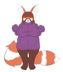  anthro barefoot big_breasts big_ears big_tail breasts brown_hair clothing epictones eyes_closed female fur hair mammal nipple_bulge overweight overweight_female red_fur red_panda rimi_(wittyusername) short_stack simple_background smile solo sweater white_background white_fur 
