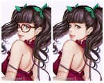  artist_name bangs bare_back bare_shoulders black_hair blunt_bangs border bow breasts brown-framed_eyewear character_name closed_mouth dress glasses green_bow green_ribbon green_scrunchie hair_ornament hair_scrunchie lips magion02 medium_breasts ms.assistant no_eyewear original purple_dress ribbon scrunchie shadow simple_background twintails variations white_border 