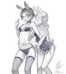  animal_ears artist_name blush bow bow_bra bra braid breasts bunny_ears bunny_girl bunny_tail bustier choker closed_eyes closed_mouth earrings glasses grabbing grabbing_from_behind greyscale hair_between_eyes hair_bow hands_on_another's_waist highres hug hug_from_behind jewelry lingerie long_hair looking_at_another looking_to_the_side medium_breasts monochrome multiple_girls navel open_mouth original panties salmon88 short_hair signature simple_background sketch stomach stud_earrings surprised sweatdrop tail teeth thighhighs tongue twin_braids underwear underwear_only very_long_hair yuri 