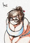  :3 bent_over blush breasts brown_eyes brown_hair character_name commentary_request cross_eyed fat fat_folds glasses hair_ornament hair_stick hiro_(h-net) huge_breasts looking_at_viewer mei_(overwatch) overwatch plump short_hair smile solo thick_thighs thighs v_arms wide_hips 