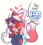  &lt;3 anthro belt breasts canine clothed clothing crackiepipe denisse dialogue dipstick_tail duo english_text eyebrows eyelashes feline female fox hug mammal multicolored_tail open_mouth panties poptart_the_tiger simple_background smile stripes teeth text tongue underwear white_background wide_hips 
