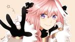  artist_name astolfo_(fate) braid commentary_request fate/apocrypha fate_(series) gauntlets hair_ribbon long_hair looking_at_viewer male_focus otoko_no_ko pink_hair purple_eyes ribbon single_braid smile solo srnk star translation_request 