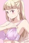  3: bangs blush bra breasts character_name cleavage closed_mouth collarbone commentary_request kichihachi large_breasts long_hair looking_down pink_background pink_bra red_eyes simple_background solo sweatdrop tokyo_7th_sisters twitter_username two_side_up uesugi_u_kyouko underwear upper_body 