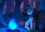  animated blue_eyes blue_hair detailed_background equine fan_character feral fire forest hair male mammal my_little_pony night outside rodrigues404 solo tree 