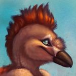  2015 ambiguous_form avian beak bird blue_background brown_beak brown_feathers brown_hair digital_media_(artwork) digital_painting_(artwork) earless feathers female gentoo_penguin green_eyes hair hanmonster headshot_portrait icon looking_at_viewer looking_away low_res mohawk penguin portrait short_hair side_view simple_background smile solo tan_markings 