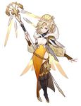  blonde_hair blue_eyes boots full_body gwayo hat_ornament highres hood knee_boots mercy_(overwatch) overwatch puffy_sleeves solo staff thighs transparent_background wings 