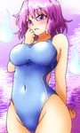  absurdres blush breasts competition_swimsuit d-m_(dii_emu) highres hitodama large_breasts one-piece_swimsuit open_mouth pink_background pink_eyes pink_hair saigyouji_yuyuko short_hair surprised swimsuit touhou wavy_hair 