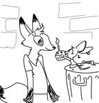 2017 anthro black_and_white candle canine clothed clothing cupcake disney duo ear_piercing female food fox mammal melody_micely_(zootopia) monochrome mouse open_mouth open_smile piercing rodent rosie_(zootopia) simple_background smile the_weaver trash_can white_background zootopia 