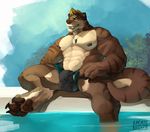  2017 anthro big_muscles bulge canine claws clothing collar dog ear_piercing fangs hair hi_res hybrid jockstrap kyo_(kiasano) licantrox_(artist) male mammal muscular muscular_male mustelid nipple_piercing nipples otter outside pawpads paws piercing solo teeth underwear 