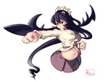  1girl artist_name belly black_hair breasts filia_(skullgirls) long_hair medium_breasts plump red_eyes ryuji_(red-truth) samson_(skullgirls) signature simple_background skirt skullgirls solo white_background 