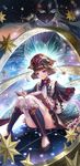  book box_(hotpppink) brown_hair closed_mouth commentary_request constellation hat highres knees_together_feet_apart light_smile night night_sky open_book original purple_eyes reading short_hair sky solo star star_(sky) starry_sky thighhighs turning_page white_legwear 