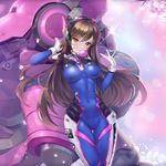  animal_print bad_id bad_pixiv_id bangs blue_bodysuit blue_sky blurry blurry_background bodysuit breasts brown_eyes brown_hair bubble_blowing bunny_print cherry_blossoms chewing_gum clothes_writing covered_navel cowboy_shot d.va_(overwatch) day facepaint facial_mark gloves hair_tousle hand_in_hair headphones high_collar highres impossible_bodysuit impossible_clothes long_hair looking_at_viewer medium_breasts meka_(overwatch) outdoors overwatch pilot_suit ribbed_bodysuit shoulder_pads skin_tight sky solo sparkle swept_bangs tree_branch ttaji_(pass35) whisker_markings white_gloves 