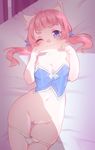  2017 5_fingers :3 anthro bed blue_eyes breasts cat cleavage clothed clothing feline female fur hair looking_at_viewer lying mammal navel on_back on_bed one_eye_closed panties panties_down partially_clothed pigtails pink_hair proofme pussy slit_pupils solo underwear white_fur wink 