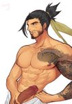  1boy abs black_hair epcs erection facial_hair hanzo_(overwatch) looking_away male_focus muscle overwatch penis solo tattoo uncensored 