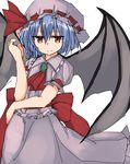  ascot bangs bat_wings blue_hair bow closed_mouth cowboy_shot eyebrows_visible_through_hair frills golgi_hon hair_between_eyes hand_on_hip hand_up hat hat_bow highres looking_at_viewer mob_cap pink_hat pink_skirt red_bow red_eyes remilia_scarlet short_hair short_sleeves simple_background skirt skirt_set slit_pupils smile solo touhou white_background wings 