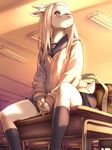  anthro clothed clothing desk female fur hair kikurage lagomorph mammal rabbit school sitting solo uniform white_fur 