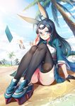  2017 absurdres ahoge anchor animal_ears aqua_eyes arm_at_side arm_support azur_lane beach black_hair black_legwear blue_eyes blue_hair blue_sky brown_panties bunny_ears cloud cloudy_sky colored_eyelashes commentary commentary_request dark_blue_hair dated day dress eyebrows_visible_through_hair eyelashes fingernails glasses gloves green_skirt half_gloves hand_on_eyewear high_collar highres knees_up lens_flare long_fingernails long_hair looking_at_viewer mountain open_mouth outdoors palm_tree panties pantyshot pantyshot_(sitting) partly_fingerless_gloves platform_footwear platform_heels pleated_skirt rimless_eyewear sand signature sitting skirt skirt_set sky smile solo souryuu_(azur_lane) thighhighs tree underwear water x-boy 
