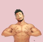  1boy bara black_hair facial_hair groping itto_(mentaiko) licking_lips male_focus muscle naughty_face pecs presenting priapus smile solo tarou_a._priapus_(priapus) teeth tongue topless 