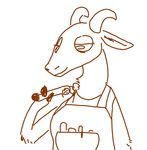  2017 anthro apron brown_and_white caprine clothed clothing female goat half-closed_eyes holding_object horn mammal monochrome simple_background smile solo the_weaver white_background 