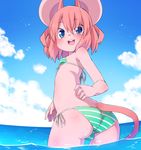  animal_ears ass bikini blue_eyes blush breasts cloud commentary_request day from_behind furry highres looking_back mouse_ears mouse_girl mouse_tail ocean open_mouth original outdoors pink_hair short_hair side-tie_bikini sky small_breasts smile solo striped striped_bikini swimsuit tail trefoil wading water yuuki_(yuyuki000) 