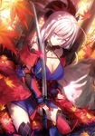  &gt;:) ahoge arm_support autumn autumn_leaves black_legwear breasts bright_pupils cleavage detached_collar detached_sleeves dutch_angle eyebrows_visible_through_hair fate/grand_order fate_(series) glowing glowing_weapon halterneck highres japanese_clothes katana kimono large_breasts lavender_eyes leaf light_brown_hair maple_leaf miyamoto_musashi_(fate/grand_order) obi outdoors over_shoulder ponytail sash sheath shinooji short_kimono sitting sleeveless sleeveless_kimono smile solo sword thighhighs tied_hair v-shaped_eyebrows vambraces weapon weapon_over_shoulder white_pupils 