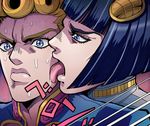  araki_hirohiko_(style) black_hair blonde_hair blue_eyes bob_cut bruno_buccellati derivative_work face_licking giorno_giovanna hair_ornament hairclip jojo_no_kimyou_na_bouken jostarjo licking male_focus multiple_boys parody style_parody sweat taste_of_a_liar vento_aureo yaoi 