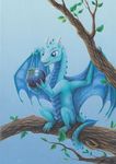  blue_eyes claws cute dragon feral food fruit happy holding_object horn leniovias pencil_(artwork) reptile scalie simple_background sitting smile solo traditional_media_(artwork) tree vampi wings 