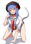  absurdres all_fours bell bell_choker blue_hair blush bottomless breasts cat_tail choker commentary flower hair_flower hair_ornament hat highres hinanawi_tenshi large_breasts long_hair navel neropaso panties paw_pose pet_play red_eyes sketch solo tail tail_raised touhou underwear 