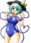  blue_swimsuit breasts competition_school_swimsuit d-m_(dii_emu) eyeball green_eyes green_hair hat hat_ribbon heart heart_of_string highres komeiji_koishi large_breasts looking_at_viewer one-piece_swimsuit open_mouth ribbon short_hair solo swimsuit third_eye touhou 