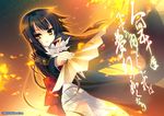  black_hair dutch_angle fan fire floating highres holding holding_fan katagiri_hinata long_hair looking_at_viewer miniskirt oda_saburo_kuon_nobunaga orange_eyes parted_lips pleated_skirt sengoku_koihime skirt solo very_long_hair white_skirt 