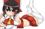  ascot ass bangs black_eyes black_hair blush bow breasts closed_mouth crop_top detached_sleeves eyebrows_visible_through_hair golgi_hon hair_between_eyes hair_bow hair_tubes hakurei_reimu highres jitome large_breasts long_sleeves looking_at_viewer lying midriff miniskirt no_shoes on_stomach pleated_skirt red_bow red_skirt ribbon-trimmed_sleeves ribbon_trim sideboob sidelocks skirt solo thighhighs touhou white_legwear wide_sleeves zettai_ryouiki 