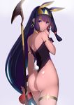  alternate_costume animal_ears ass bangs bare_shoulders bunny_girl bunny_tail bunnysuit closed_mouth commentary_request dark_skin earrings eyebrows_visible_through_hair eyes_visible_through_hair facial_mark fake_animal_ears fate/grand_order fate_(series) from_behind grey_background hairband holding holding_staff hoop_earrings jackal_ears jewelry long_hair looking_at_viewer looking_back low-tied_long_hair nitocris_(fate/grand_order) purple_eyes purple_hair saisarisu shiny shiny_skin simple_background smile solo staff standing tail very_long_hair wrist_cuffs 