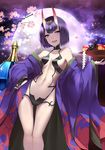  ass_visible_through_thighs bangs breasts cherry_blossoms collarbone commentary cup eyeshadow fangs fate/grand_order fate_(series) food fruit full_moon hand_on_hip headpiece highres horns japanese_clothes legs looking_at_viewer makeup moon navel night oni open_mouth petals purple_eyes purple_hair revealing_clothes sakazuki shide shiguru short_eyebrows short_hair shuten_douji_(fate/grand_order) small_breasts smile solo standing thigh_gap 