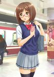  bag black_legwear brown_hair cellphone chestnut_mouth fang glasses green_eyes hida_tatsuo idolmaster idolmaster_cinderella_girls looking_away maekawa_miku phone red-framed_eyewear school_uniform short_hair smartphone solo standing sweater_vest thighhighs train_station 