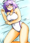  absurdres blush breasts cleavage competition_swimsuit d-m_(dii_emu) hat highres large_breasts lavender_hair letty_whiterock looking_at_viewer lying one-piece_swimsuit open_mouth short_hair solo swimsuit touhou white_swimsuit 