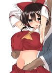  1girl armpits arms_up ascot bangs black_eyes black_hair blush bow breast_grab breasts cleavage crop_top crop_top_overhang detached_sleeves eyebrows_visible_through_hair golgi_hon grabbing grabbing_from_behind hair_bow hair_tubes hakurei_reimu hand_under_clothes hand_under_skirt hetero highres large_breasts midriff miniskirt navel open_mouth red_bow sideboob simple_background skirt stomach touhou white_background 