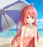  beach bikini collarbone crescent crescent_hair_ornament day flat_chest food food_in_mouth fujii_tatsuya hair_between_eyes hair_ornament kantai_collection long_hair mouth_hold ocean parasol pink_eyes pink_hair popsicle solo swimsuit umbrella uzuki_(kantai_collection) very_long_hair white_bikini 