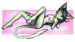  2017 abstract_background anthro areola breasts butt cat cute digital_media_(artwork) dreamkeepers eyebrows eyelashes feline female fur green_fur green_hair hair half-closed_eyes hi_res lilith_calah looking_at_viewer mammal mancoin nipples nude purple_eyes pussy seductive signature simple_background small_breasts smile solo white_belly 