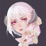  artist_name bangs borrowed_character braid closed_mouth demon_horns eulalia_emvesser flower fuwaffy grey_background hair_between_eyes horns leaf lips original portrait purple_eyes red_lips rose simple_background single_braid solo white_flower white_hair white_rose 