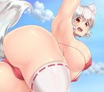  absurdres animal_ears annoyed arm_up armpits ass bent_over bikini breasts from_below highres huge_breasts inubashiri_momiji looking_at_viewer looking_down red_bikini short_hair solo swimsuit tail thick_thighs thighhighs thighs tochinoko touhou underboob wavy_mouth white_hair white_legwear wolf_ears wolf_tail 