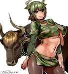  animal animal_ears aurochs aurochs_(kemono_friends) black_legwear breasts brown_hair camouflage camouflage_shirt camouflage_skirt green_hair happa_(cloverppd) horns kemono_friends large_breasts long_sleeves looking_at_viewer midriff multicolored_hair navel necktie pantyhose red_neckwear simple_background skirt smile tail underboob white_background yellow_eyes 