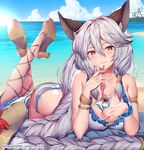  animal_ears bangs beach bikini blue_sky blush bracelet braid breasts brown_eyes cat_ears cleavage cloud commentary_request day drink drinking_straw erune frilled_bikini frills glass granblue_fantasy hair_between_eyes heles jewelry large_breasts long_hair looking_at_viewer lying obiwan ocean on_stomach outdoors silver_hair single_braid sky smile solo swimsuit tropical_drink very_long_hair water white_bikini 