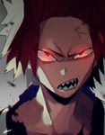  angry bangs boku_no_hero_academia close-up face frown glowing glowing_eyes kirishima_eijirou looking_at_viewer male_focus open_mouth parted_bangs portrait red_eyes red_hair sharp_teeth shoco_(sco_labo) solo spiked_hair teeth torn_clothes upper_body 