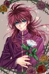  1boy aqua_eyes expressionless flower kurama long_hair male_focus pink_rose plant red_hair rose signature solo thorns tsukasaki_ryouko upper_body vines white_rose yellow_rose yuu_yuu_hakusho 