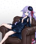  blue_eyes breasts dress earrings elbow_gloves finger_to_mouth gloves hair_ornament hand_on_thigh hand_up jewelry kurominai long_hair looking_at_viewer medium_breasts neptune_(series) purple_hair purple_heart ribbon sitting smile solo twintails very_long_hair 
